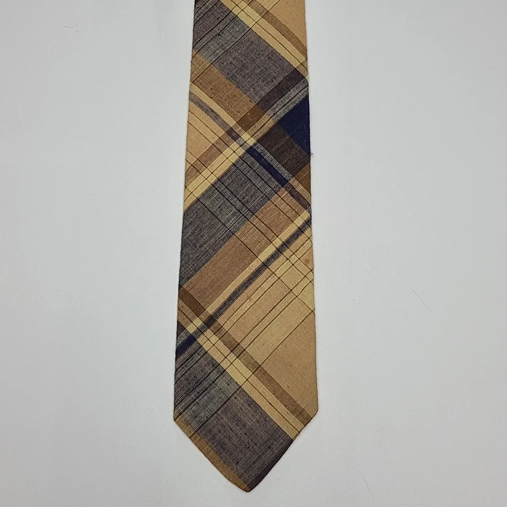 Robert Talbott Vintage Necktie Blue Brown Plaid Tartan Cotton 57